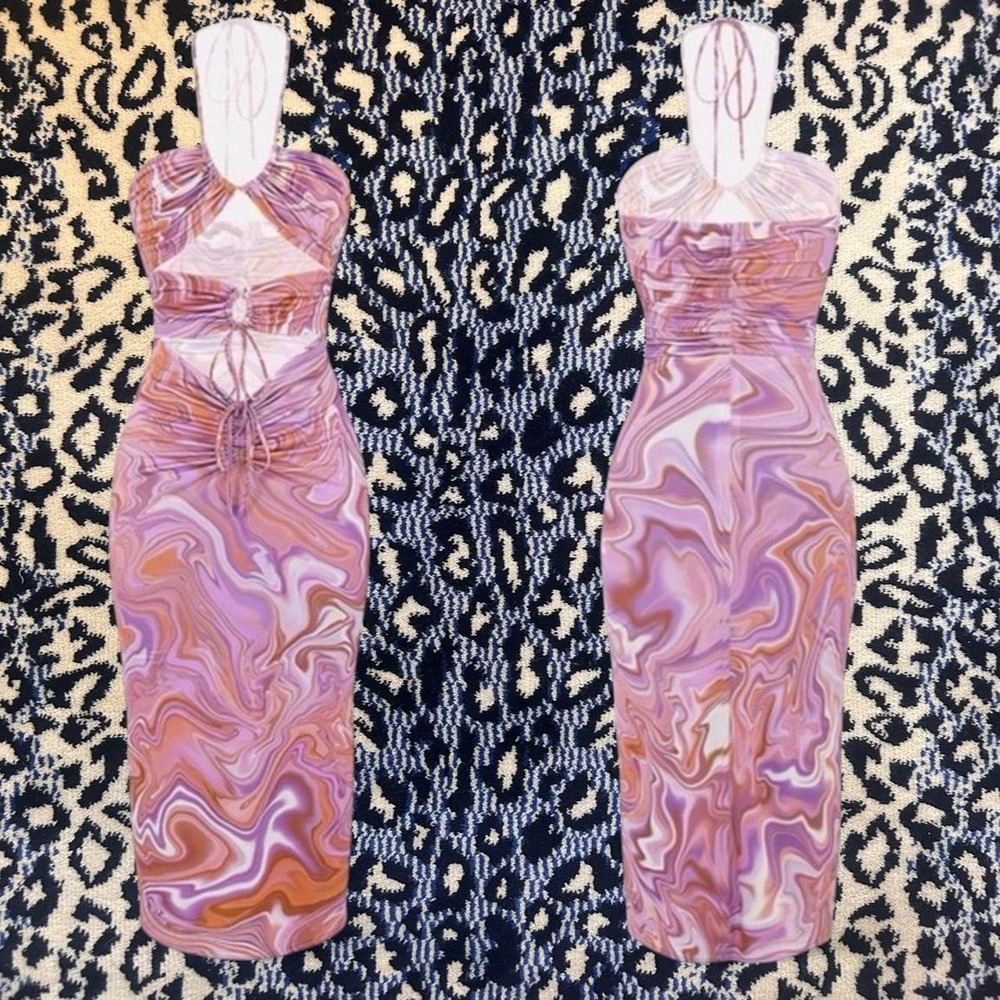 Welooc Retro Pink & Orange Marbled Cut Out Halter Top Dress Size M